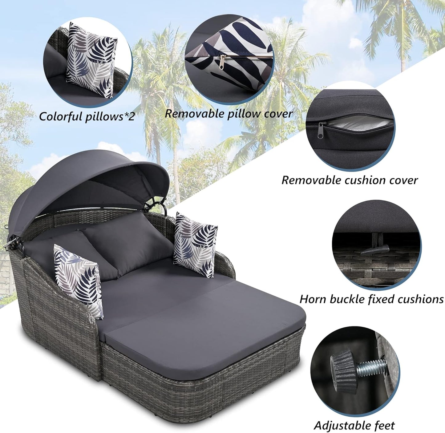 79.9" Outdoor Daybed with Retractable Canopy, PE Rattan Wicker Patio Daybed, 2-Seater Loveseat Lounge Bed Conversation Daybed, Gray Wicker Cushion