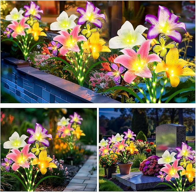 Solar Garden Lights 2 Pack 8 Lily Flowers with Butterfly Decor, Waterproof Solar Flower Lights for Outdoor - Upgraded Decorative Lilies for Yard, Patio, Pathway Decorations & Gardening Gifts
