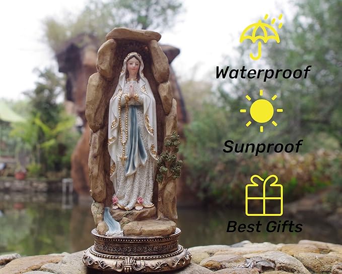 MeritMode Virgin Mary Collectible Figurines - Our Lady of Lourdes in Grotto Design, Handcrafted Resin Religious Gifts Decor for All Faiths, 12.5" H
