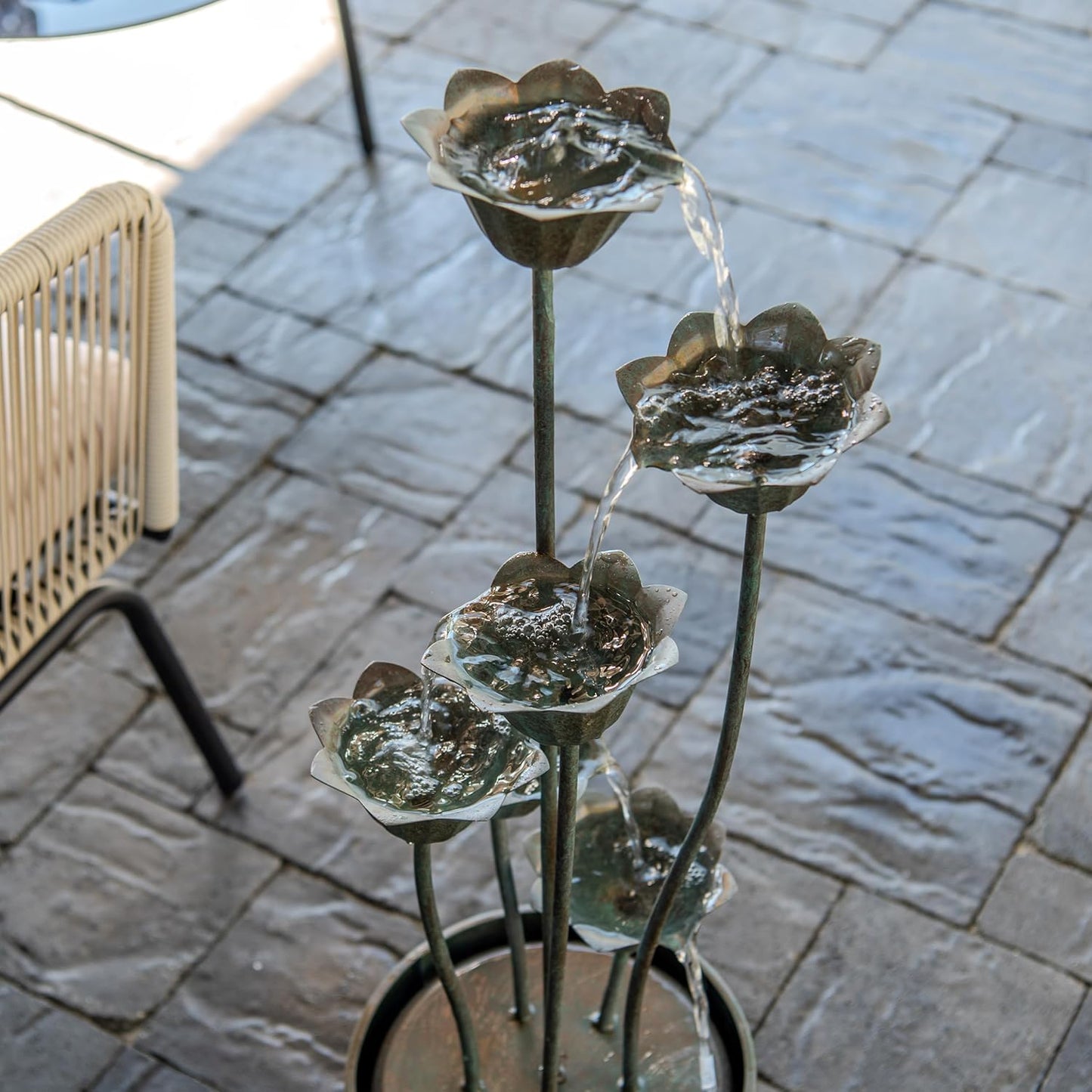 XBrand Sculptural Freestanding Metal Multi-Tiered Water Fountain w/Flowers, No LED Lights, Silver, 35" Tall