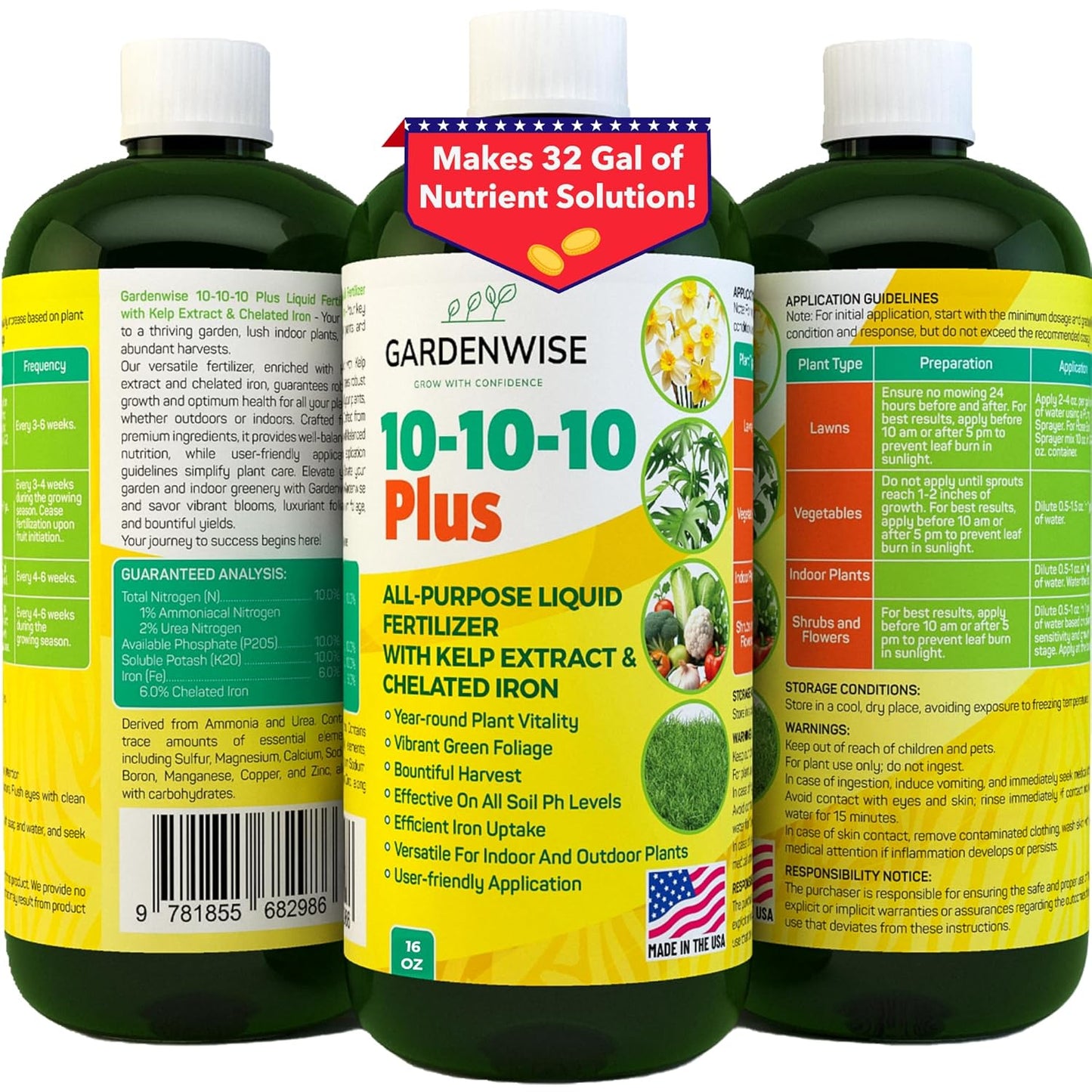 10-10-10 All Purpose Plant Food - Liquid Fertilizer with Seaweed Kelp & Iron - Indoor & Outdoor Plant Food, Vegetables, Flowers, Lawn & Garden 1x16 oz