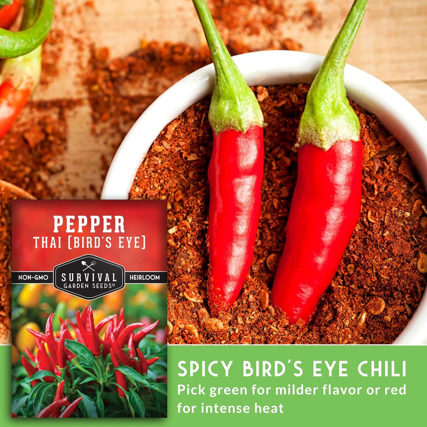 Thai Chili Pepper Seeds for Planting | Heirloom Bird’s Eye Hot Variety – Non-GMO Seeds for Spicy Cooking & Containers – Survival Garden Seeds (1 Pack)