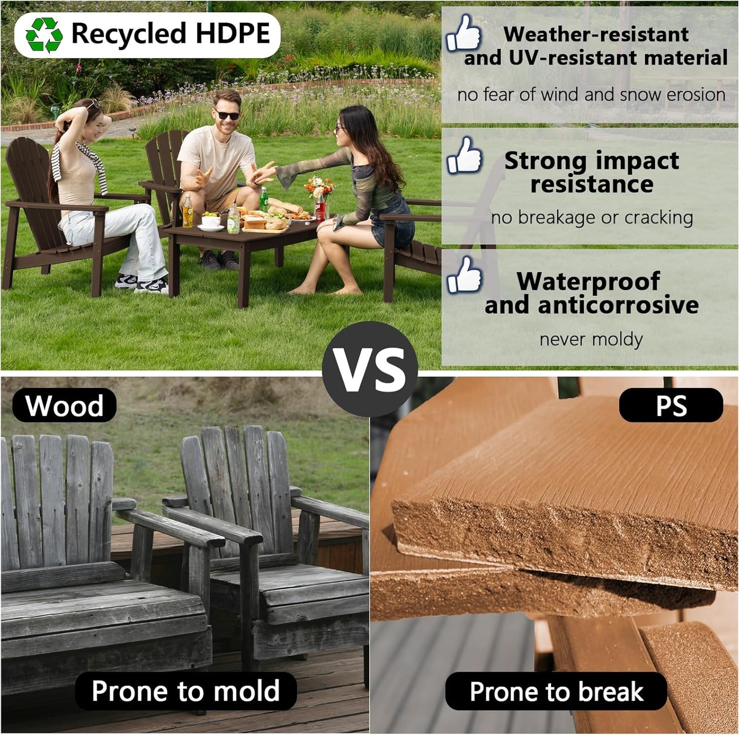Stackable Adirondack Chair Set of 2, HDPE Outdoor Patio Chair - Durable and Space Saving, Suitable for Porches, Lawns or Garden, Coffee