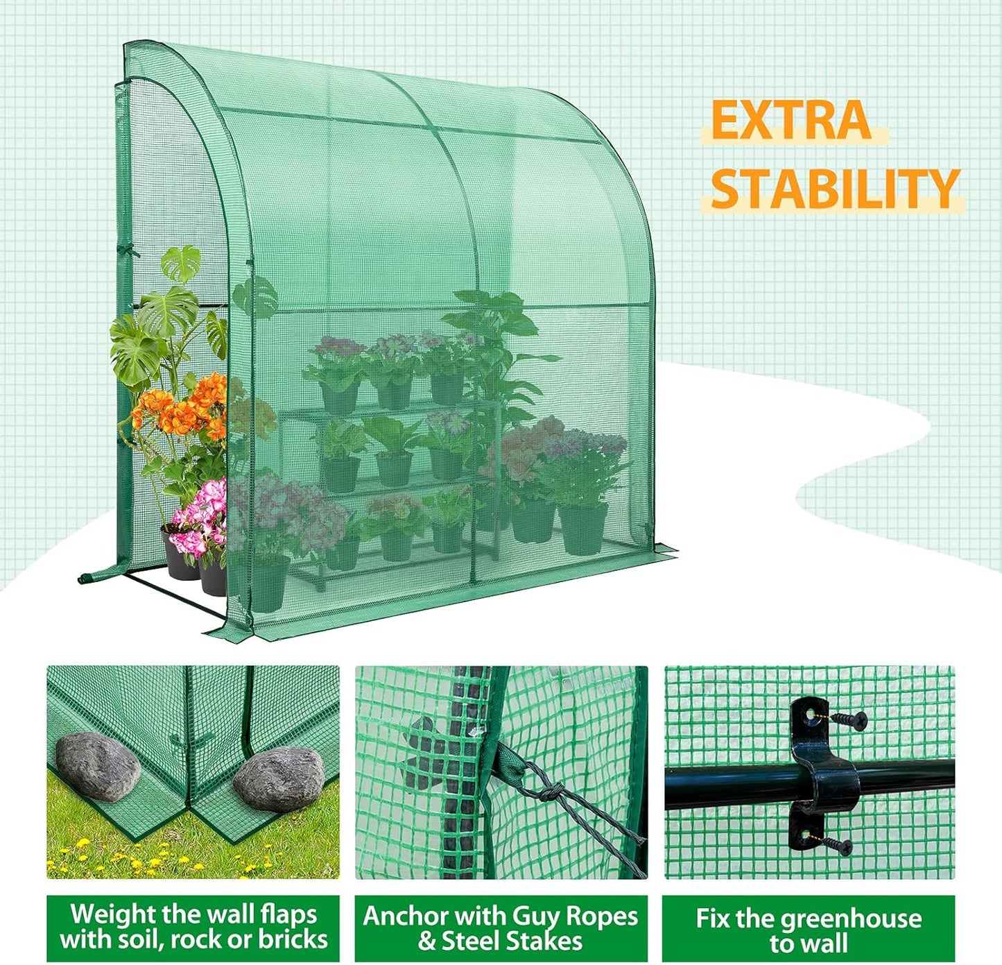 EAGLE PEAK 3 Tier Lean to Portable Greenhouse, Heavy-Duty Indoor & Outdoor Garden with Wire Shelves, 2 Roll-Up Zipper Doors, Easy Assembly, 79"x39"x83" Clear/Green PE Cover