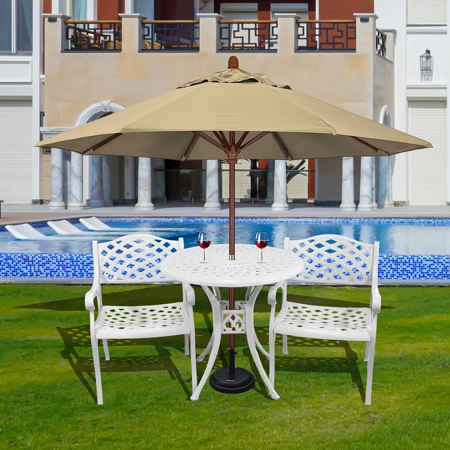 3 Piece Cast Aluminum Bistro Set With Umbrella Hole, Outdoor Patio Furniture With Adjustable Foot Cap, Metal Table and 2 Chairs for Garden, White