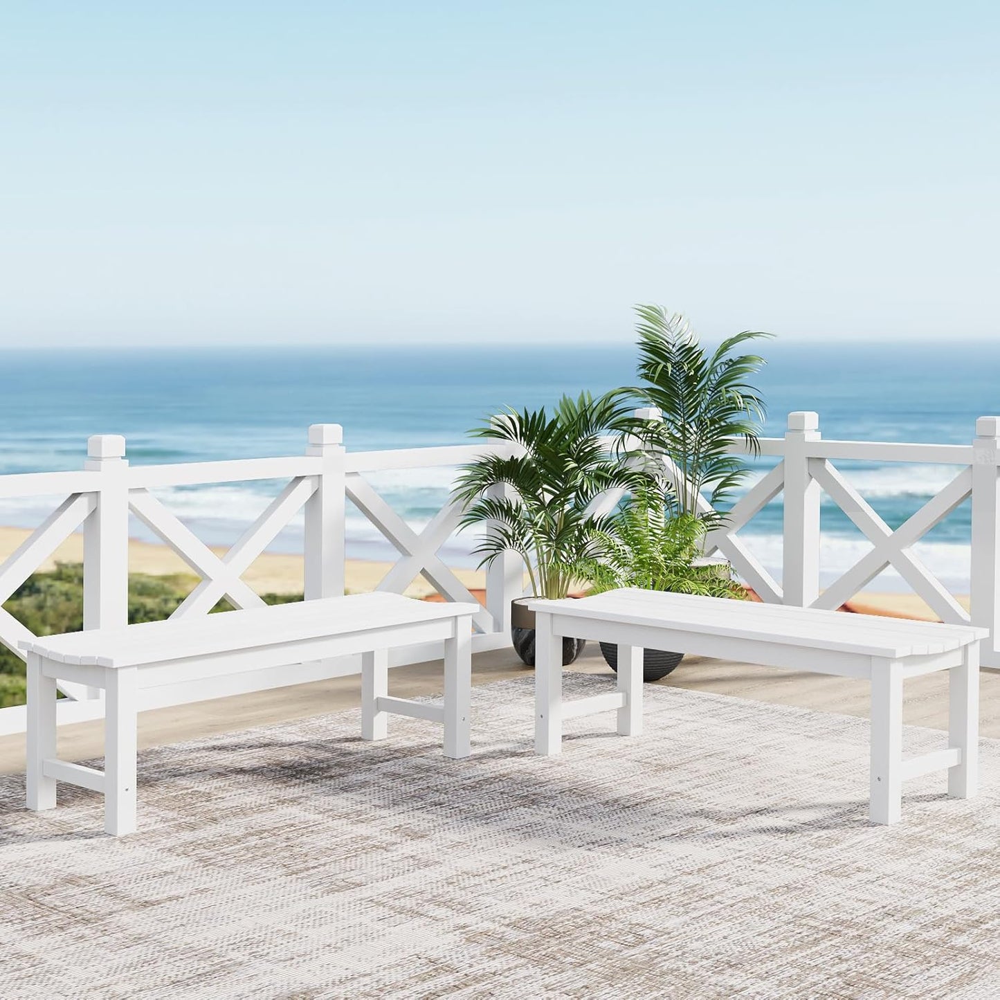 Outdoor Bench Set of 2, 2-Person Patio Backless Benches, HIPS Weatherproof Garden Bench That Never Rot and Fade, Suit for Backyard, Church, Patio, Deck and Entryway (White)