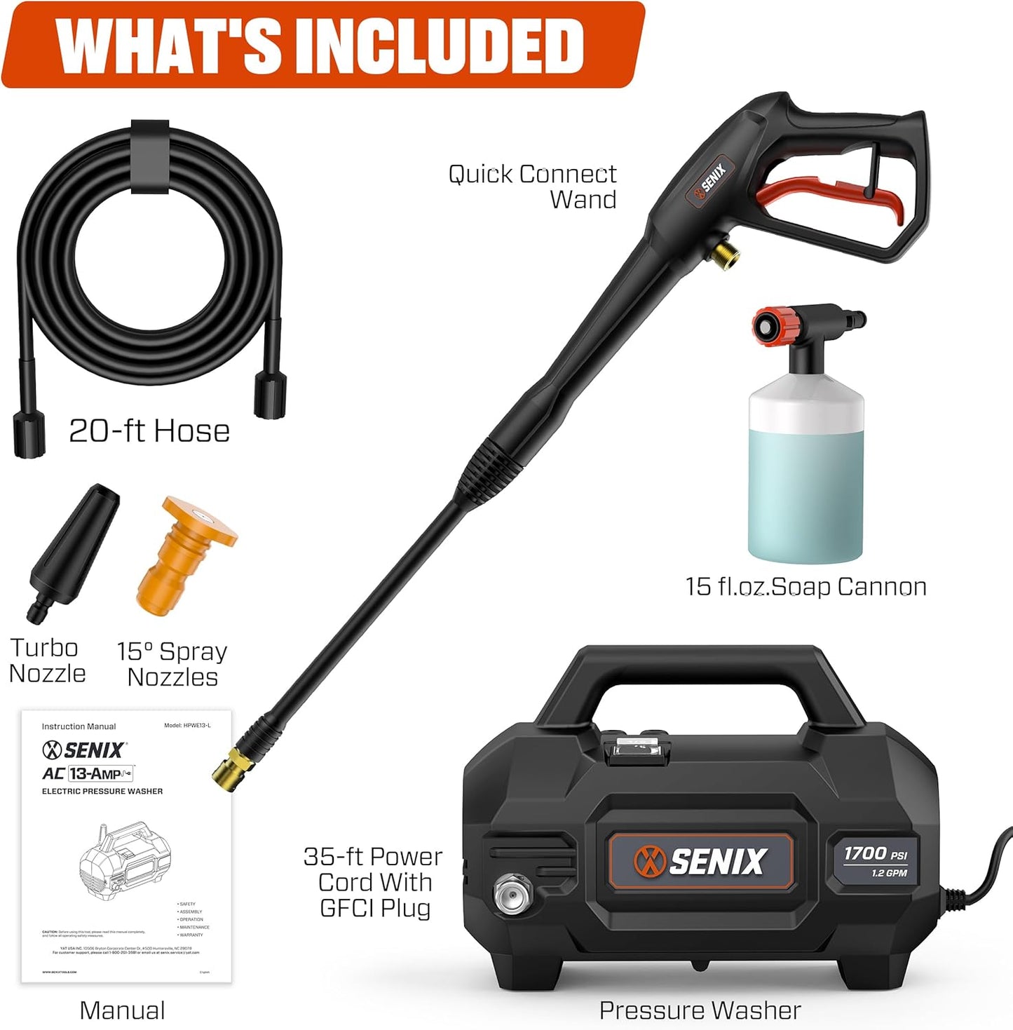 SENIX 13 Amp Electric Pressure Washer - 2100 PSI MAX, 1.2 GPM, Compact with Foam Cannon, Spray Gun, 20-ft Hose, Turbo Nozzle, and 15° Spray Nozzles - Perfect for Cars and Driveways