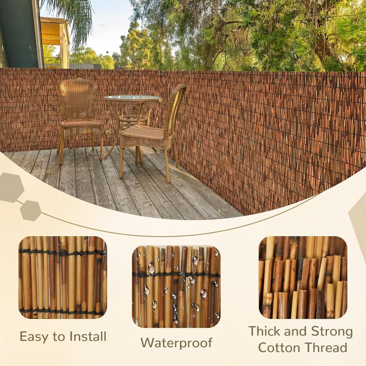 Brown 4FT X 16.4FT Reed Fencing Roll, Balcony Privacy Reed Shade Bamboo Fencing Garden Fence Border, Wind Block Sunshade Fence Screen for Outdoor Yard Patio Flower Bed Edge