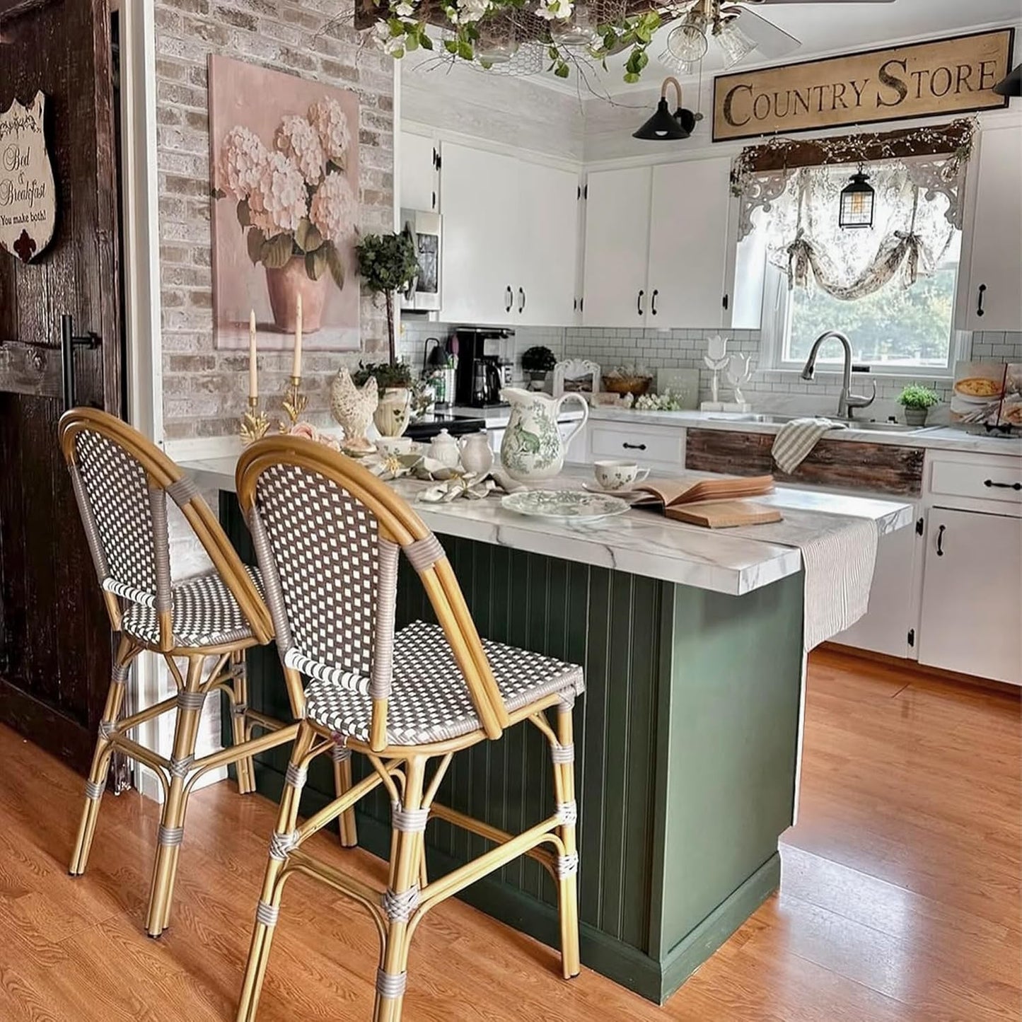 PURPLE LEAF French Counter Height Bar Stool Set of 2 25" Bamboo Print Finish Patio Bar Chairs with Back Rattan Bar Chairs French Bistro Set for Kitchen Outdoor Counter Stool Grey