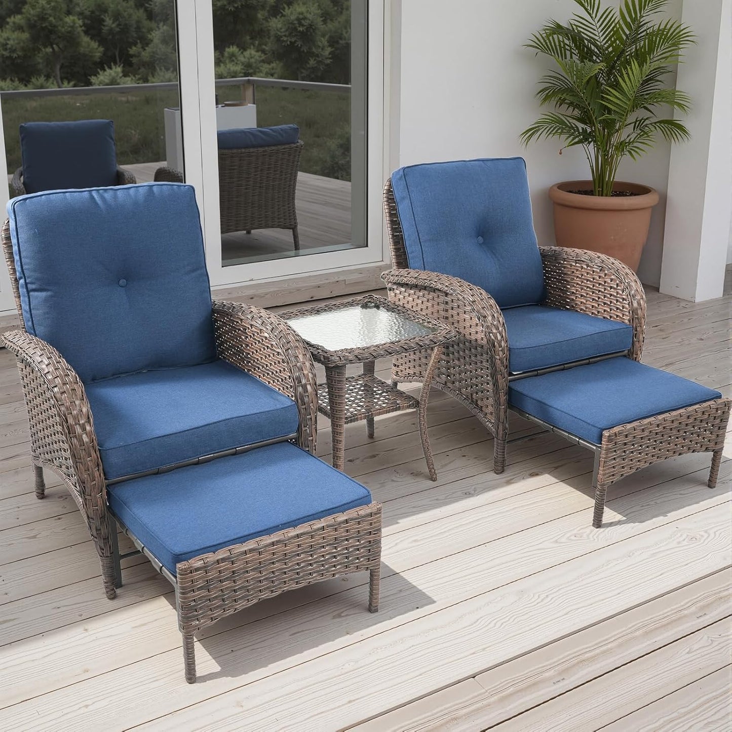 5 Piece Patio Furniture Set - Wicker Balcony Furniture Set with Hidden Ottomans, Rattan Outdoor Patio Chairs with Side Table for Porch Deck Poolside Garden Brown/Blue