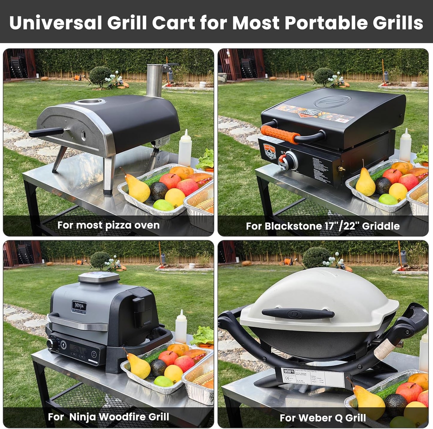 Pizza Oven Table for Ninja Woodfire, Blackstone, Cuisinart, 32x24 Inch Stainless Steel Outdoor Grill Prep Cart with Hooks, Portable Food Station