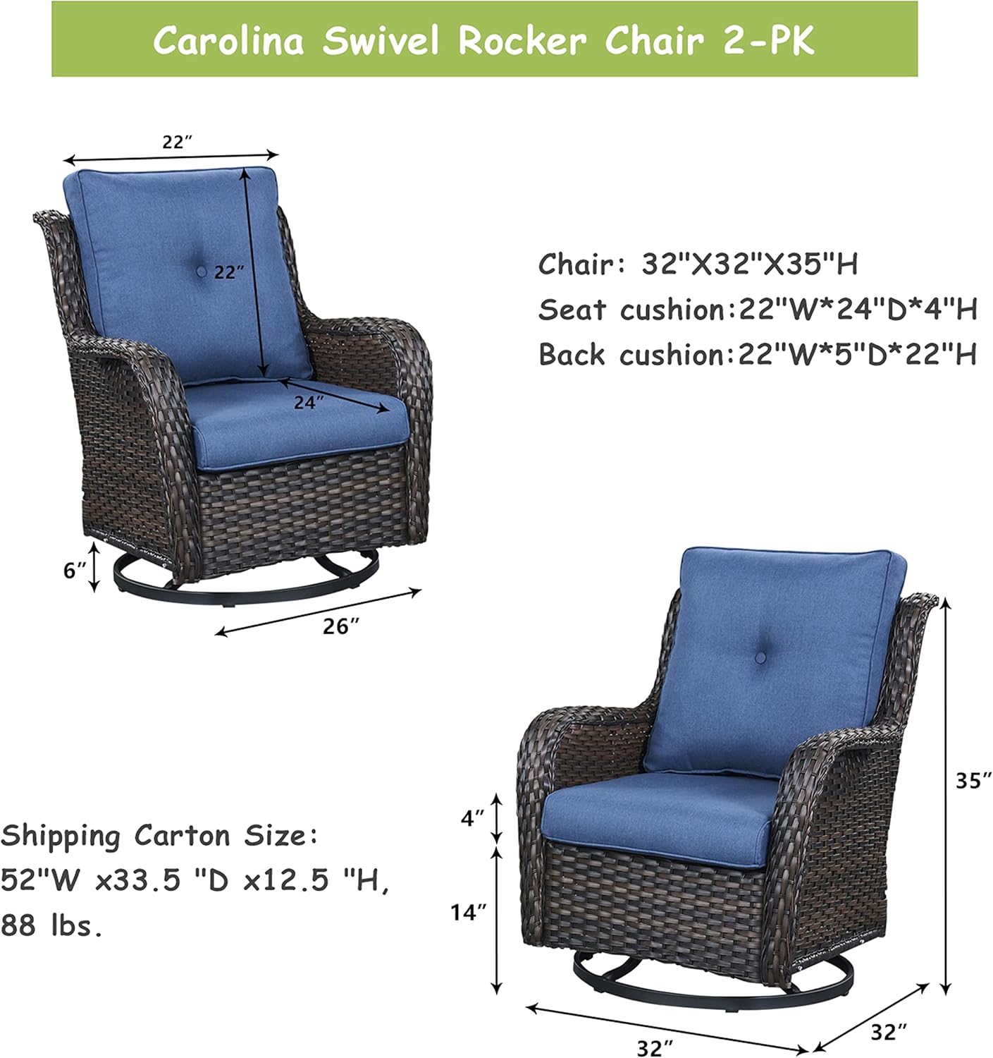 Outdoor Patio Swivel Rocker Chairs - Wicker Rattan Patio Swivel Rocking Chairs Set of 2 with High Back,Deep Seating and Comfort Cushions for Deck Porch Garden,Brown/Blue