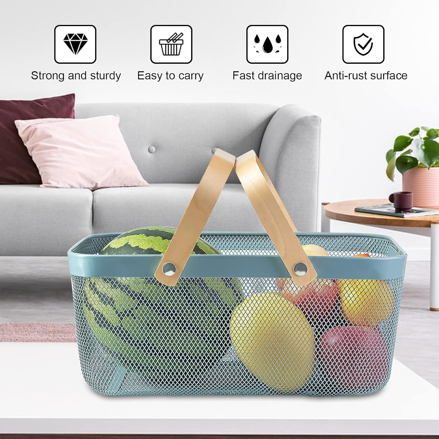 Portable Garden Harvest Basket-Mesh Design Natural Bamboo Handle Wire Storage Baskets,Mesh Basket with Handle Organize Items Reduce Space Occupation,Suitable for Kitchen,Garden,Picnic(Blue)