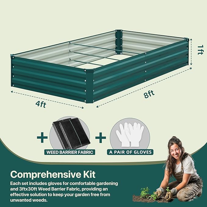 2Pcs Raised Garden Bed - 2 Pack Large Metal Planter Boxes for Vegetables, Flowers, and Herbs - Includes 2 3ft x 30ft Weed Barrier Fabric and 1 Pair of Gloves - Green (8x4x1ft, 2pcs)