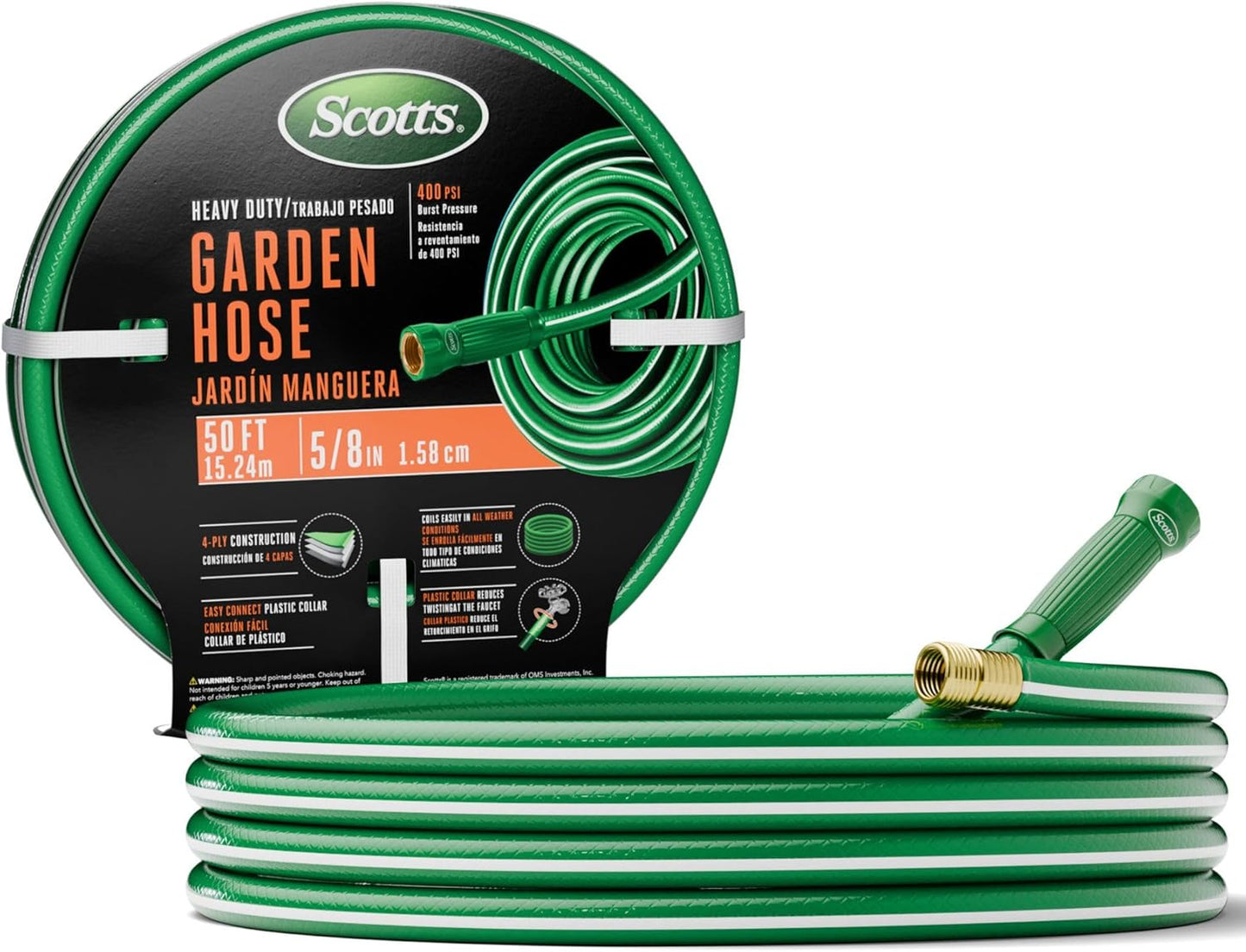 Scotts 50 ft. Heavy Duty Garden Hose – 5/8 in. Diameter, 4-Ply, 400 PSI High-Pressure, Easy-to-Coil Water Hose with Crush-Resistant Couplings and Twist-Resistant Collar for Lawn and Garden