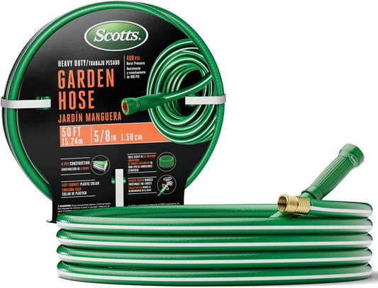Scotts 50 ft. Heavy Duty Garden Hose – 5/8 in. Diameter, 4-Ply, 400 PSI High-Pressure, Easy-to-Coil Water Hose with Crush-Resistant Couplings and Twist-Resistant Collar for Lawn and Garden