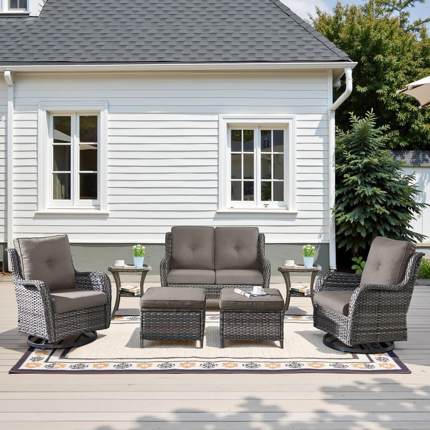 Outdoor Patio Furniture Set - 7 Piece Gray Wicker Conversation Patio Furniture Set All Weather Swivel Chairs with Ottoman and Loveseat Glider Chair for Deck Balcony Backyard