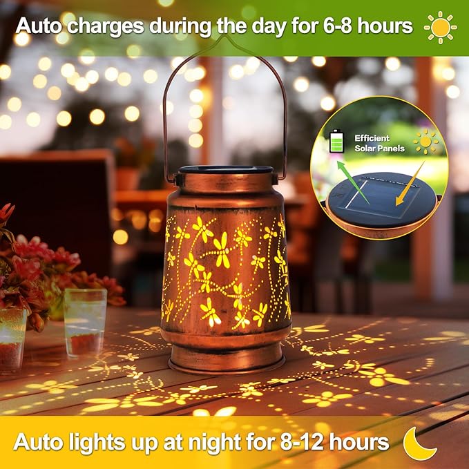 Mothers Day Gifts, Dragonfly Solar Lanterns Outdoor Hanging, Hollowed-Out Metal Waterproof LED Garden Decor Light for Patio Yard Pathway Lawn Front Porch Tree, Birthday Gifts for Women Mom Grandma