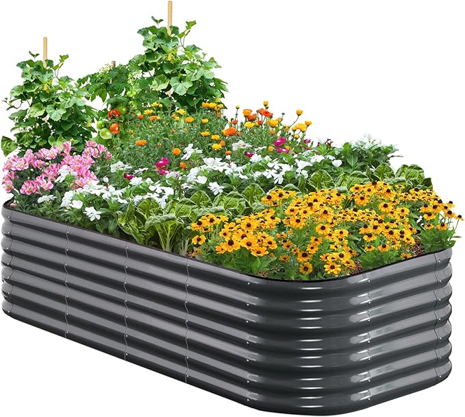 Quictent Galvanized Raised Garden Bed Kit, 6x3x2 ft Oval Metal Planter Box Tall for Vegetables Outdoor Backyard, Rubber Strip Edging Included, Dark Gray