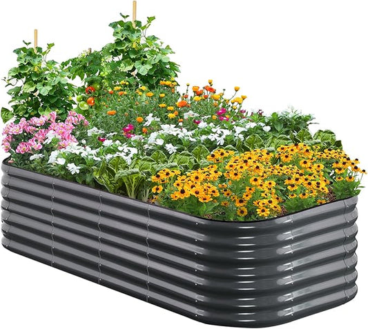 Quictent Galvanized Raised Garden Bed Kit, 6x3x2 ft Oval Metal Planter Box Tall for Vegetables Outdoor Backyard, Rubber Strip Edging Included, Dark Gray
