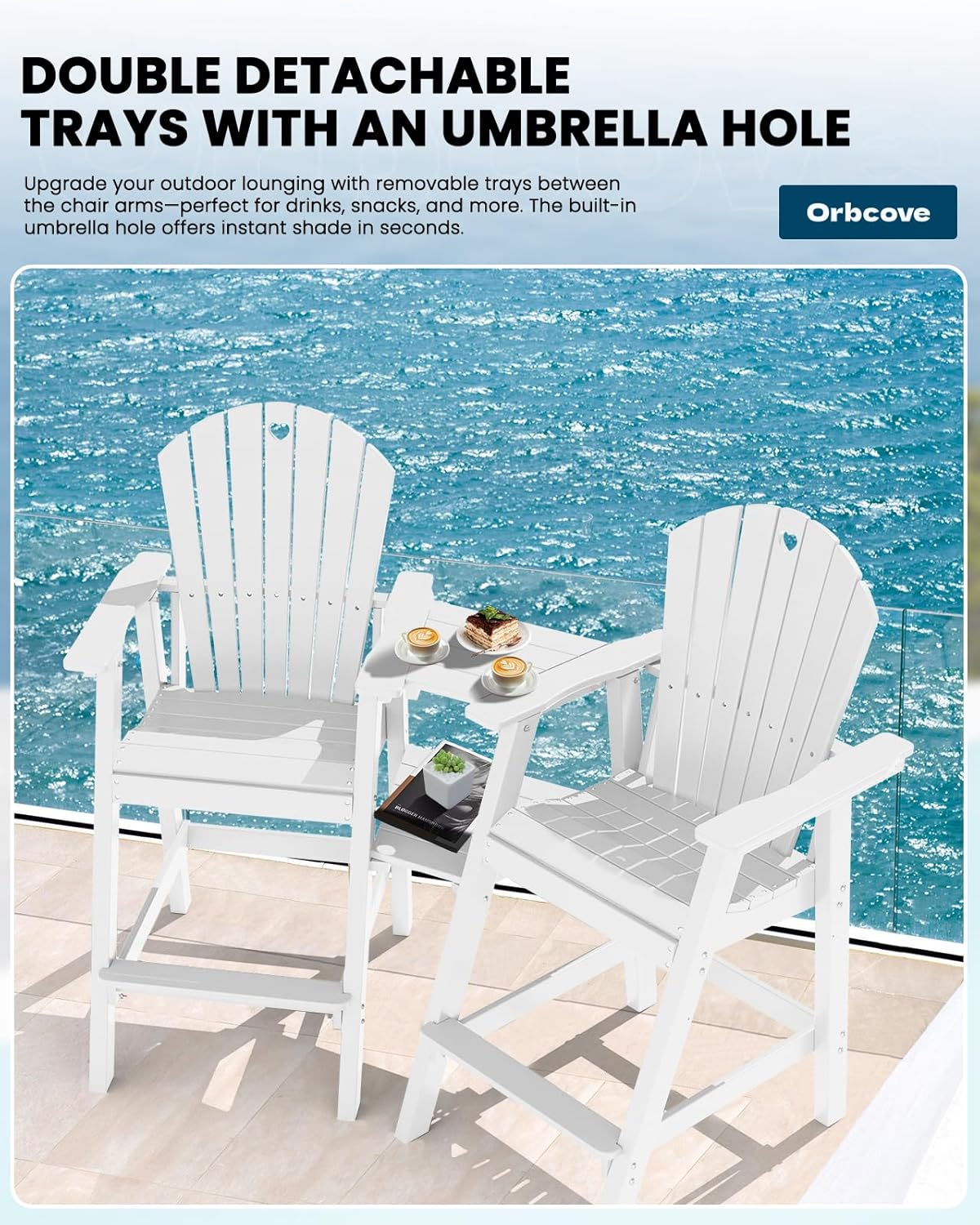 Tall Adirondack Chairs Set of 2-Durable HDPE Outdoor Bar Stools with Double Connecting Tray, Weatherproof Patio Furniture for Poolside, Backyard, Deck & Lawn Relaxation (White)