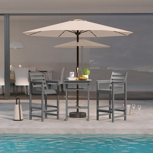 3-Piece Outdoor Bar Set with Beige 9FT Patio Umbrella, HDPE Tall Balcony Adirondack Chairs and Table, All-Weather Outdoor Bar Stools for Patio (Grey)