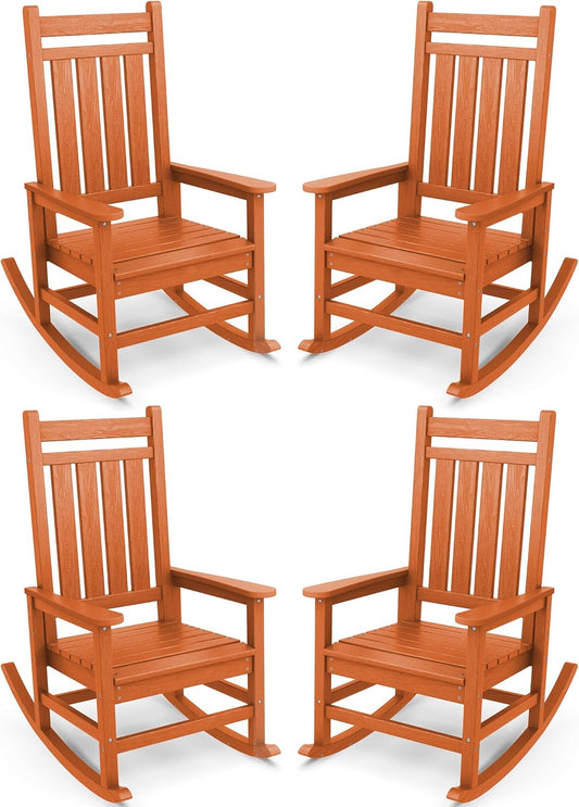 SERWALL Outdoor Rocking Chair Set of 4, HDPE Rocking Chairs for Adult, All Weather Porch Rockers for Lawn Garden, Orange