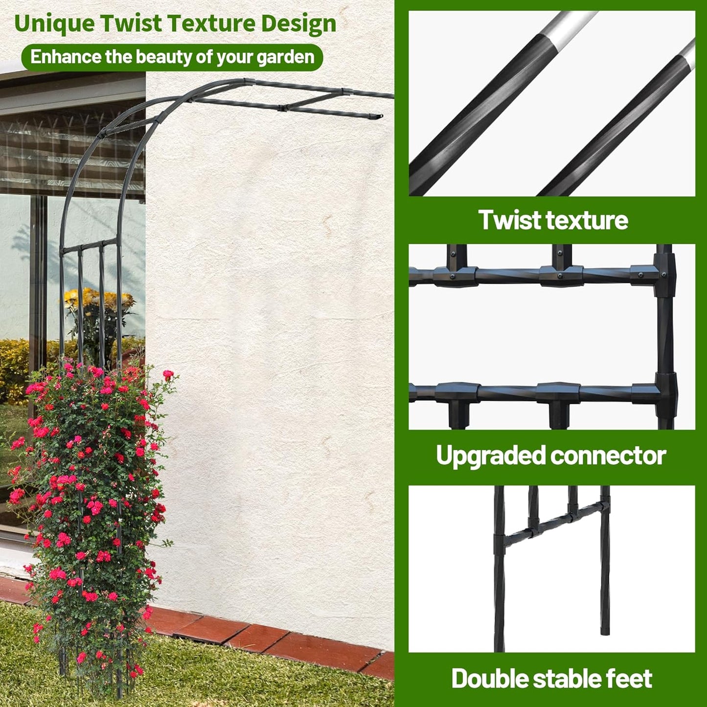 Twira Half Side Garden Arch Trellis, 7.9FT Metal Garden Arbor Trellis for Climbing Plants Outdoor, Black Half Arch Wedding, Garden Archway Arbors and Trellises Decoration for Lawn, Patio, Backyard