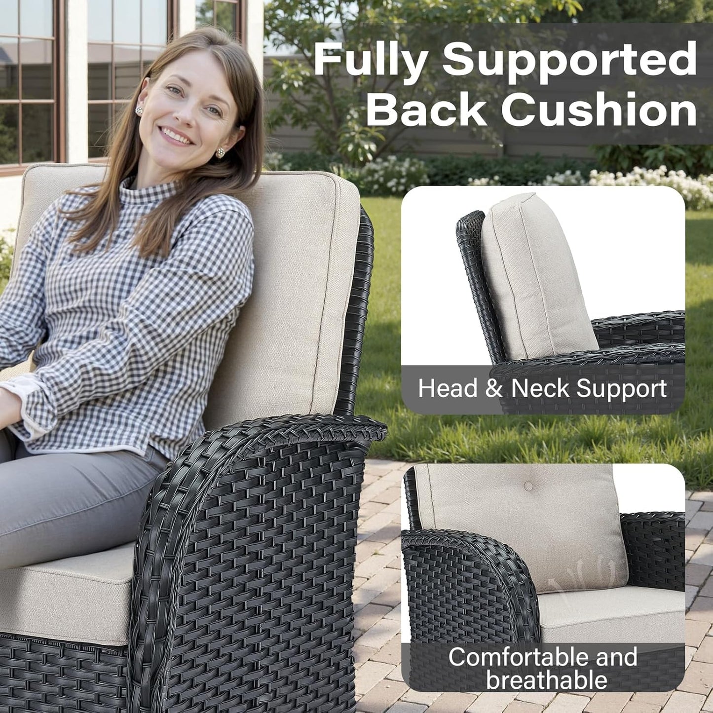 5 Piece Outdoor Patio Furniture Set with Deep Seating Swivel Rocker Chairs Loveseat and Rattan Coffee Table Outdoor Conversation Sets for Deck Backyard Poolside,Black Wicker/Beige Cushion