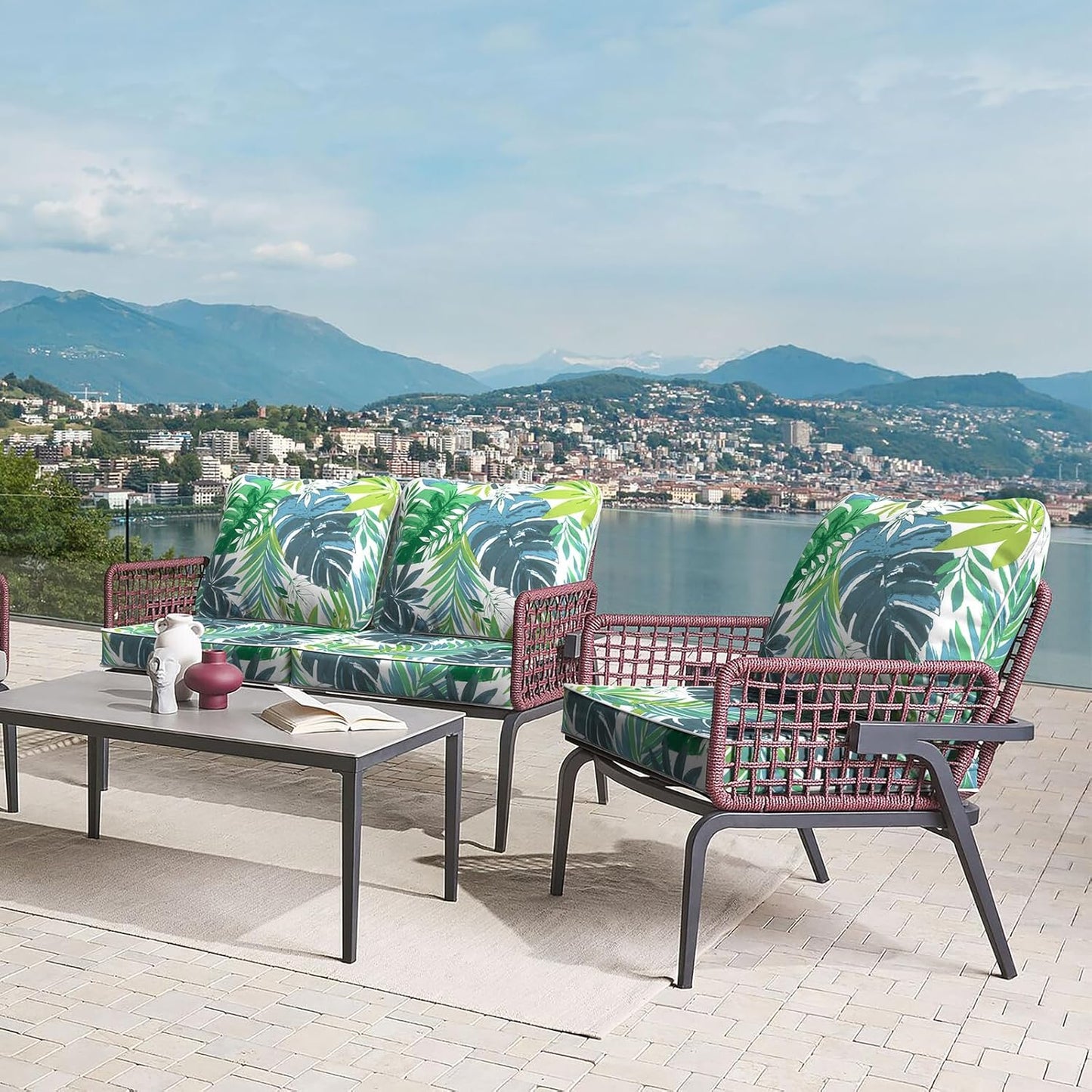 LVTXIII Outdoor Deep Seat Cushion Patio Seat and Back Cushion Set Seasonal Chair Cushion with Removable Cover and Adjustable Buckle for Home and Garden, 24"x24"x4", Islamorada Blue Green