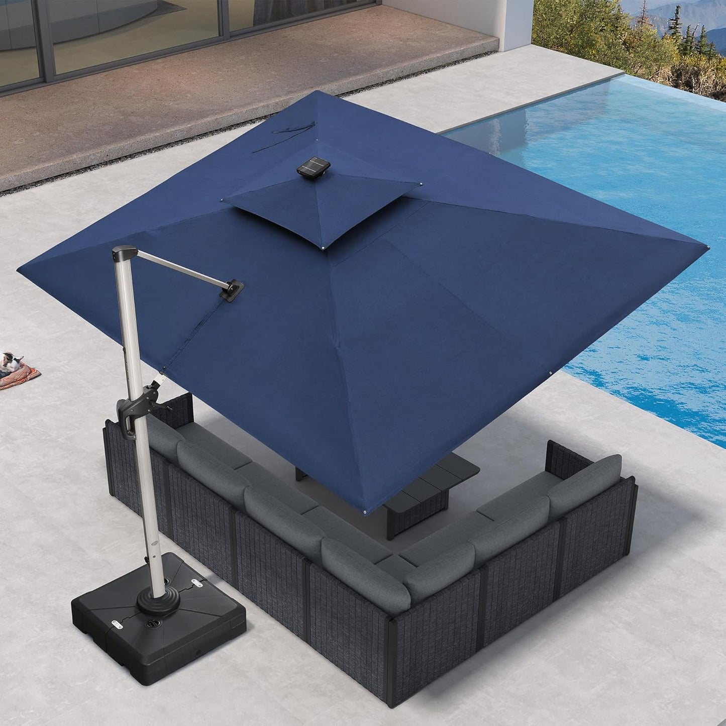 PURPLE LEAF 9' X 12' Solar Powered LED Patio Large Umbrella Offset Double Top Hanging Umbrella Outdoor Market Umbrella for Garden, Spectrum Indigo