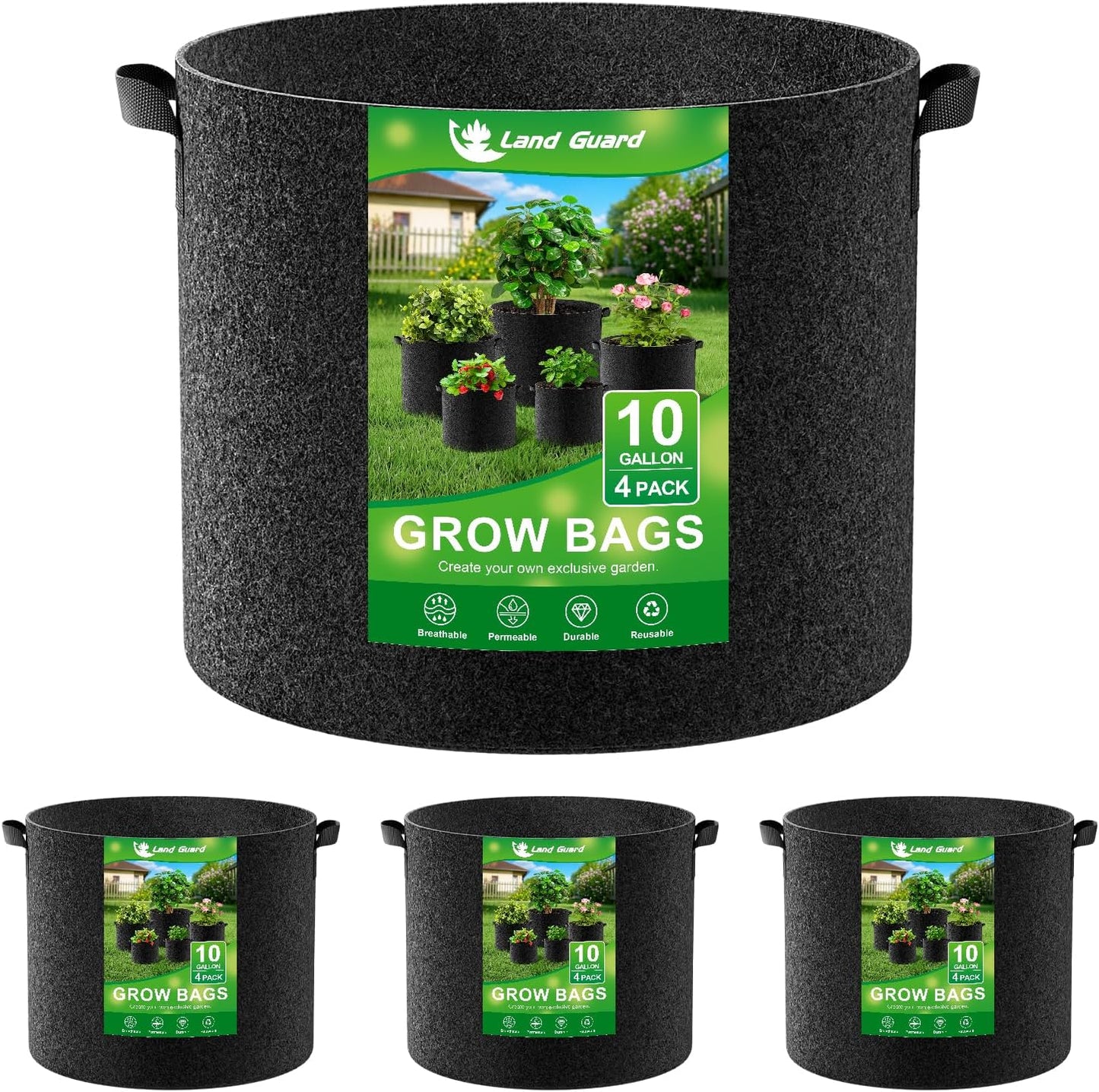 Land Guard 4-Pack Fabric Grow Bags 10 Gallon, Thickened Nonwoven Garden Pots, Growing Bags with Handles, Black