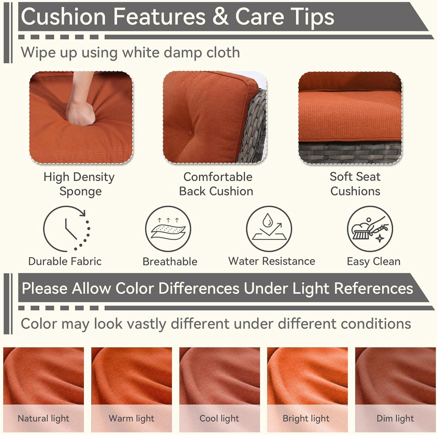 1 PC Outdoor Rocking Chair, Wicker Patio Rocker Chair for Yard, Porch, Mixed Brown Grey Rattan, Orange Cushions