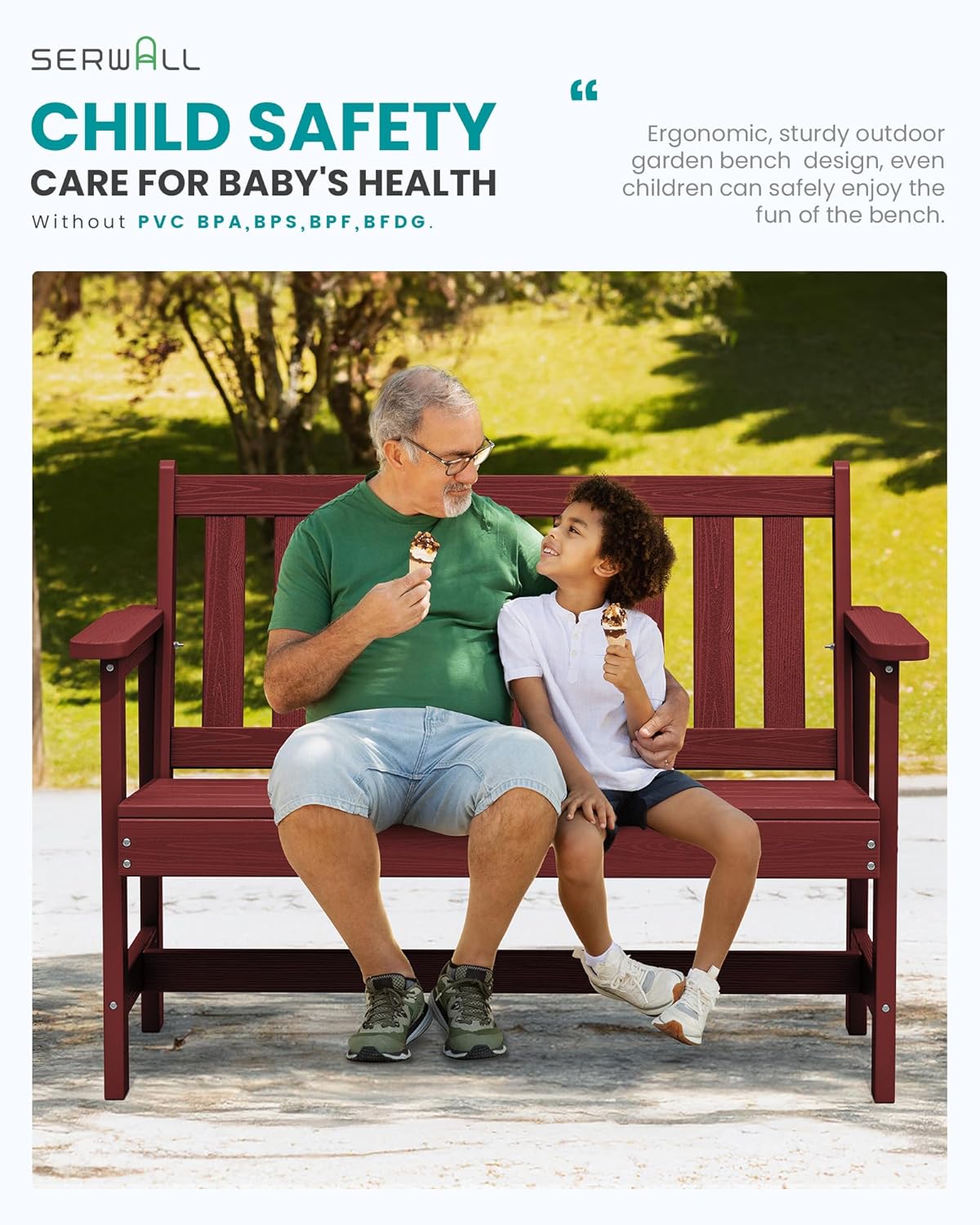 SERWALL Outdoor Bench, HDPE Outdoor Benches Weatherproof, 2-Person Garden Bench with 660 lbs Weight Capacity, Patio Benches for Outdoors, Garden, Porch, Backyard and Park, Red, 4 Pack