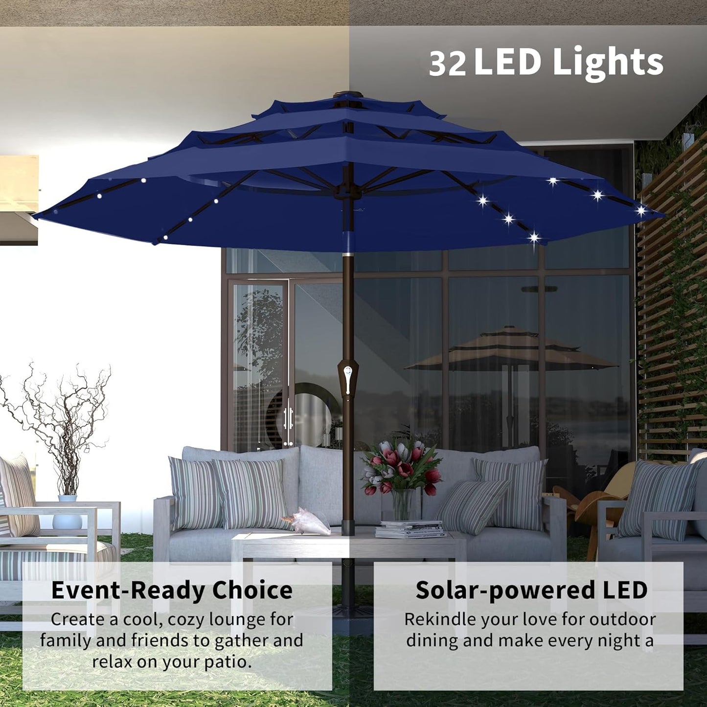 Kingdura 10ft 3-Tier Patio Umbrella with Solar Lights, Table Umbrella Outdoor Patio with Easy Crank & Tilt, 8 Sturdy Ribs, UV Protection, 32 LED Lights for Deck, Poolside, Market (Navy blue)