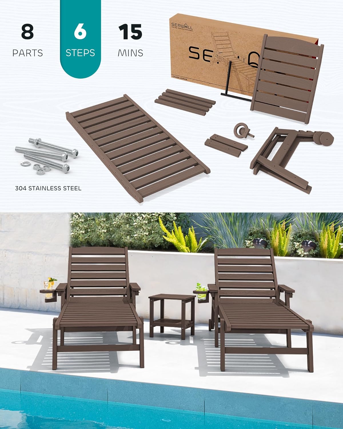 SERWALL Patio Chaise Lounge Chair Set of 2, 78'' Long 5-Positions Adjustable HDPE Outdoor Lounge Chair for Pool, Poly Lounge Chair with Rolling Wheels & Cup Holder for Poolside, Deck, Coffee Brown