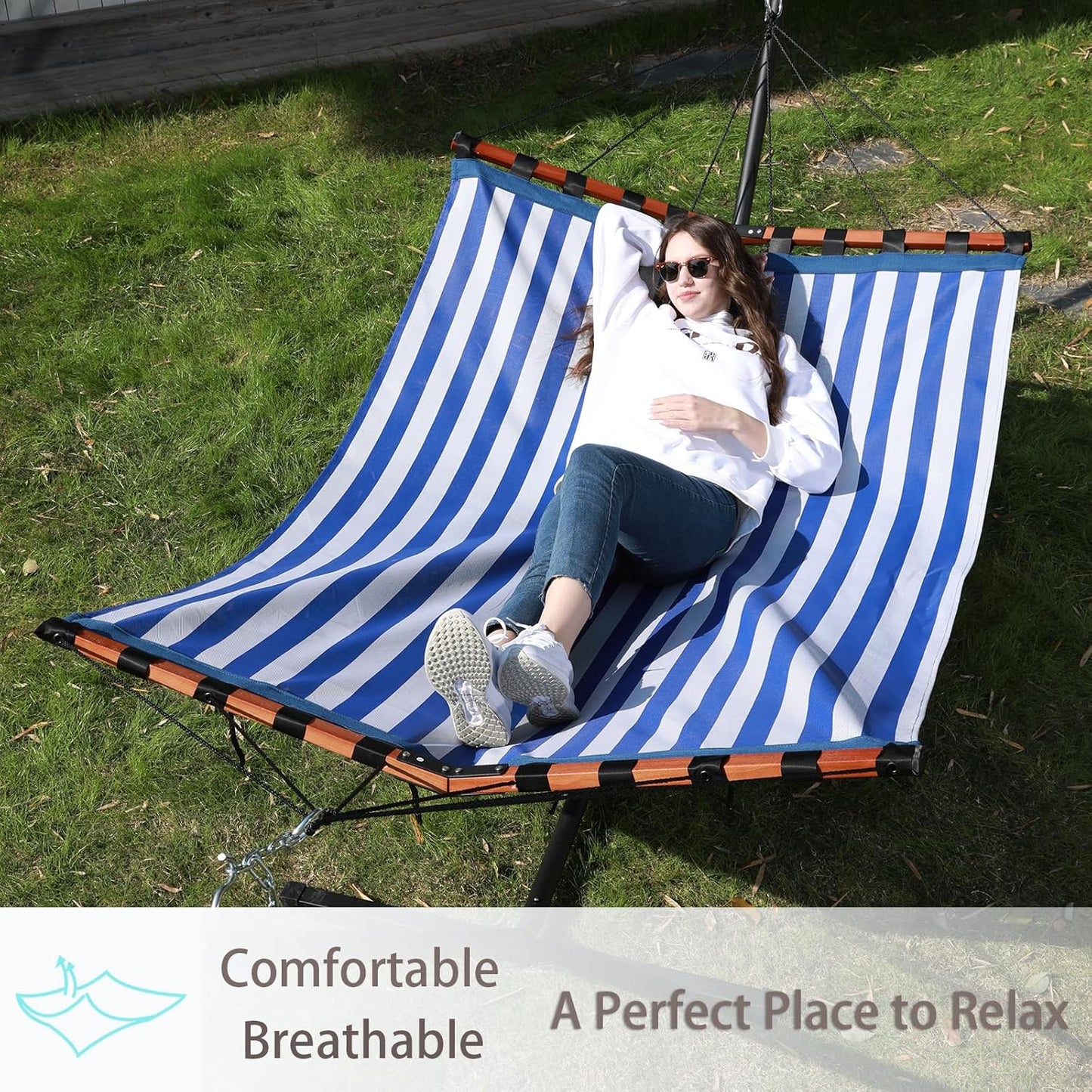 TegerDeger 12FT 2 Person Hammock Large Hammock Quick Dry 450LB Capacity with V Shaped Hardwood Spreader Bar & Nylon Rope for Outside, Patio, Garden, Backyard, Beach, Poolside - Blue Stripes