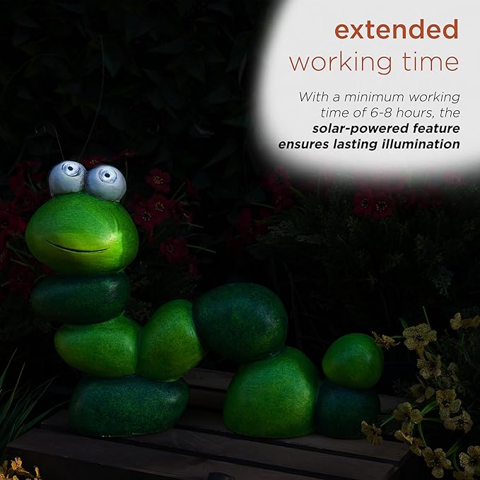Alpine Corporation YEN608SLR Caterpillar Statue with Light Up Eyes, Solar Powered LED Caterpillar Garden Statue, 16" H, Green