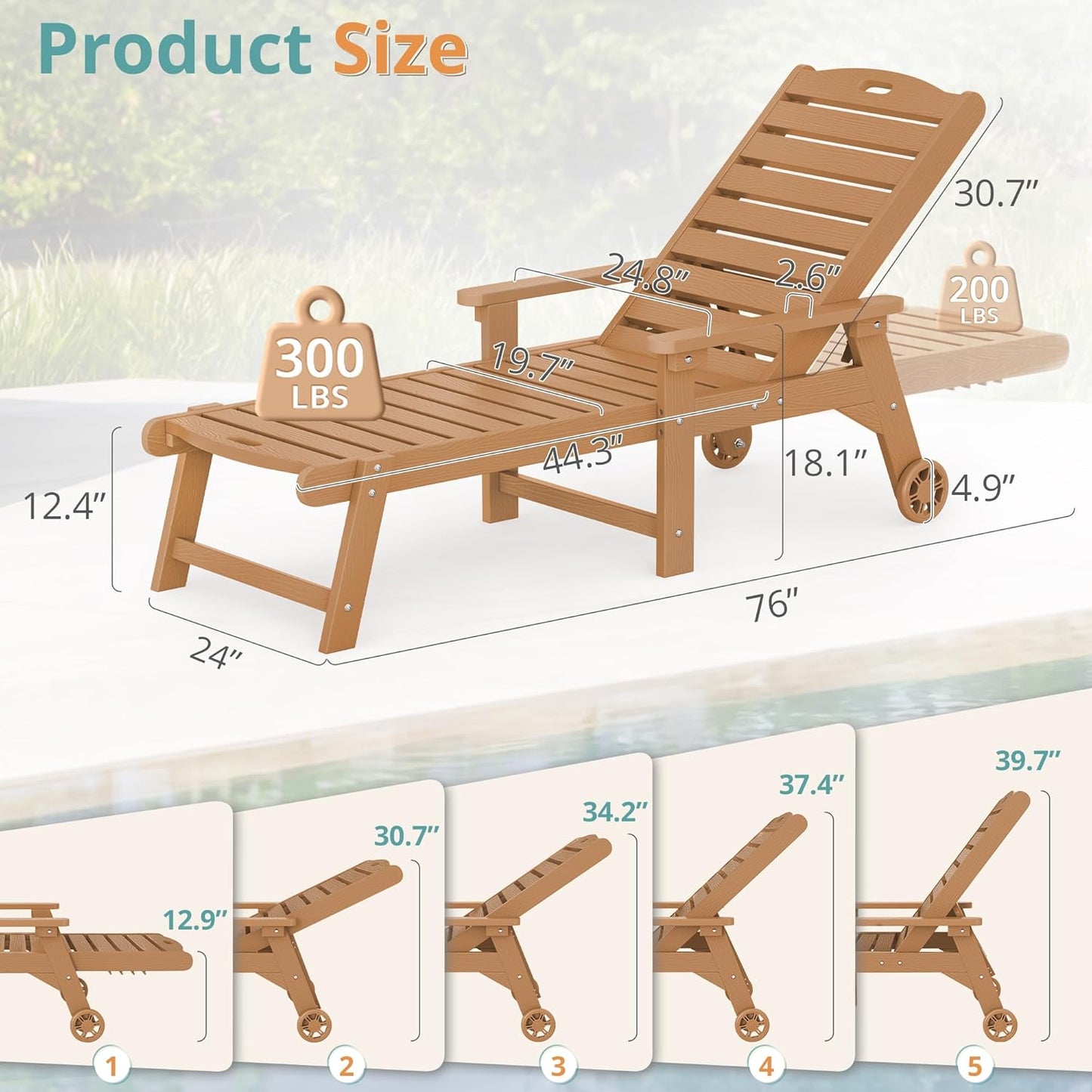 LUE BONA Outdoor Chaise Lounge Chairs Set of 2, HDPS Chaise Lounger, 5 Positions Adjustable Lounge Chairs, Pool Lounge Chair with Wheels for Poolside, Hotel, Restaurant, 3 Year Warranty, Teak Color