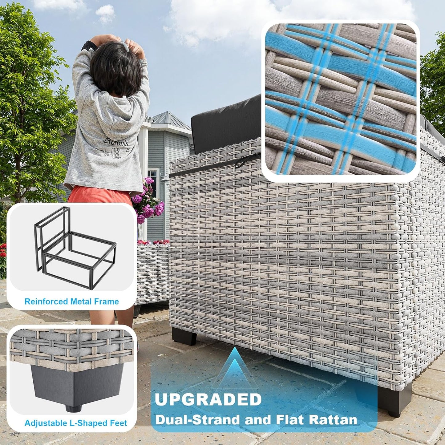 8-Piece Modern Patio Conversation Set with 55,000 BTU Fire Pit Table, Thick Cushions, Upgraded Rattan, Reinforced Frame