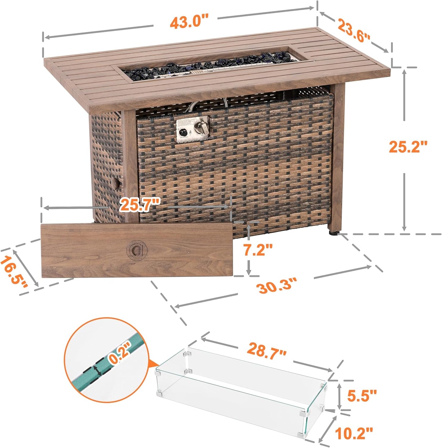 Nuu Garden 43 Inch Propane Fire Pit, CSA-Listed Outdoor Fire Pit Table, 50000 BTU Gas FirePit with Lid, Glass Wind Guard, Glass Beads, 2-in-1 Rectangular FirePit for Outside Backyard, Brown