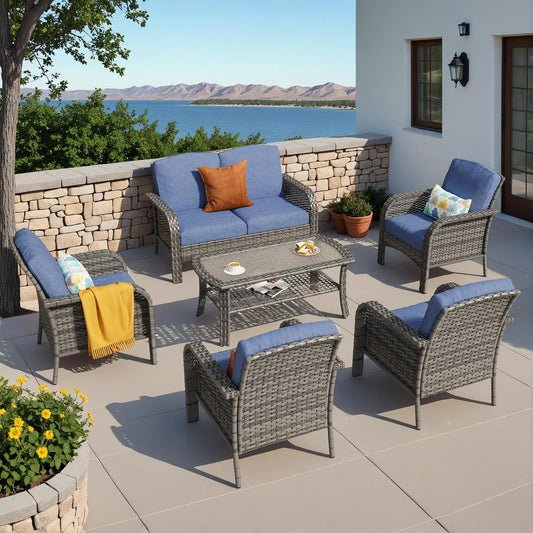 HOOOWOOO Patio Furniture Set,6 Pieces Outdoor Conversation Set,All Weather Wicker Loveseat Sofa Set with High Back Chairs Table,Denim Blue