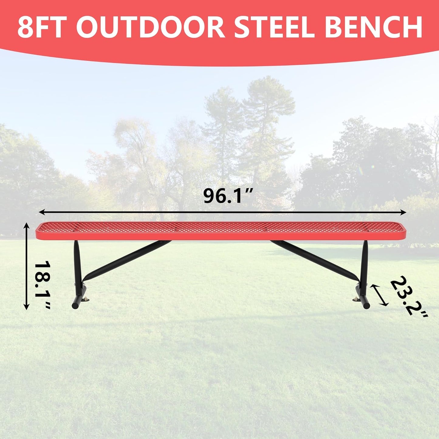 48" L Outdoor Steel Flat Bench, Heavy Duty Metal Park Bench for Outside, Expanded Metal, Commercial Benches Mesh Bench for Shopping Mall, Store, Lawn, Park, Patio, Deck, Garden (Red, 8FT)