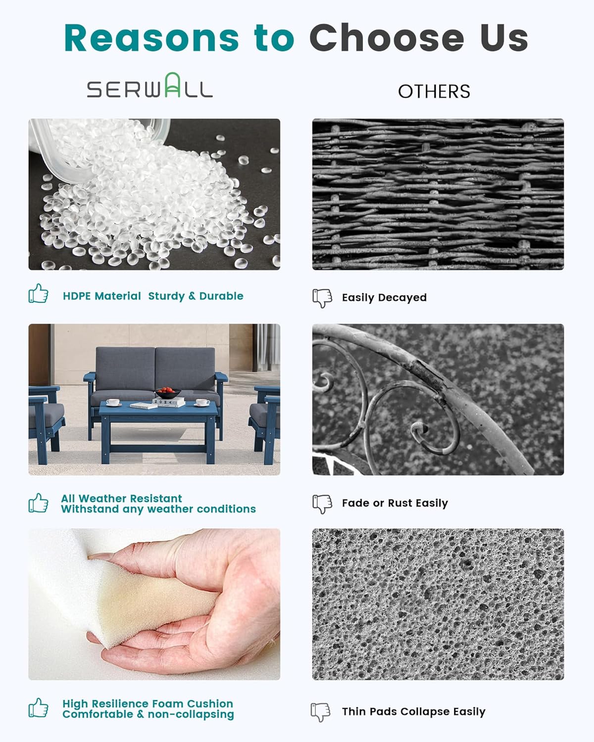 SERWALL HDPE Outdoor Couch, Blue Frame and Grey Cushion