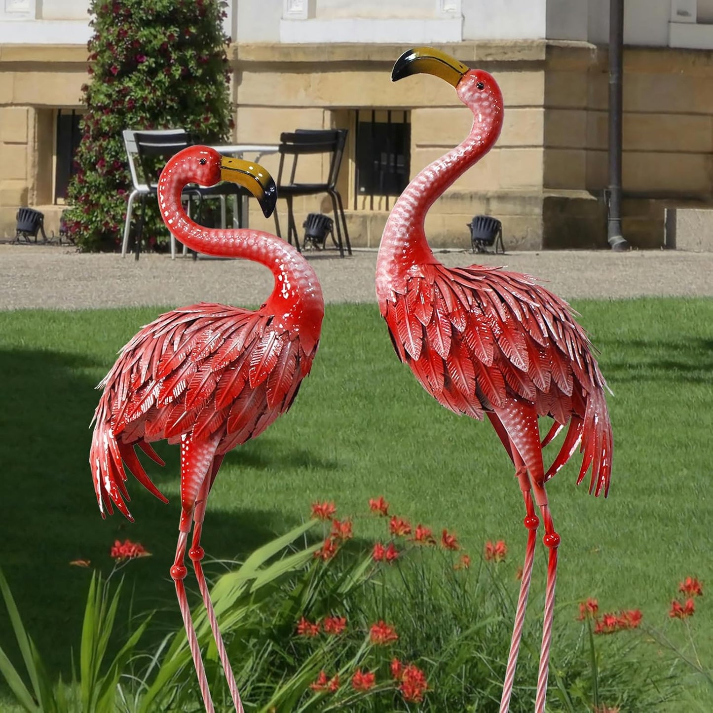 32-36 Inch Yard Flamingos Garden Statues, Metal Flamingo Outdoor Decor, Vibrant Flamingo Statues for Lawn, Backyard, Porch, Patio, Set of 2