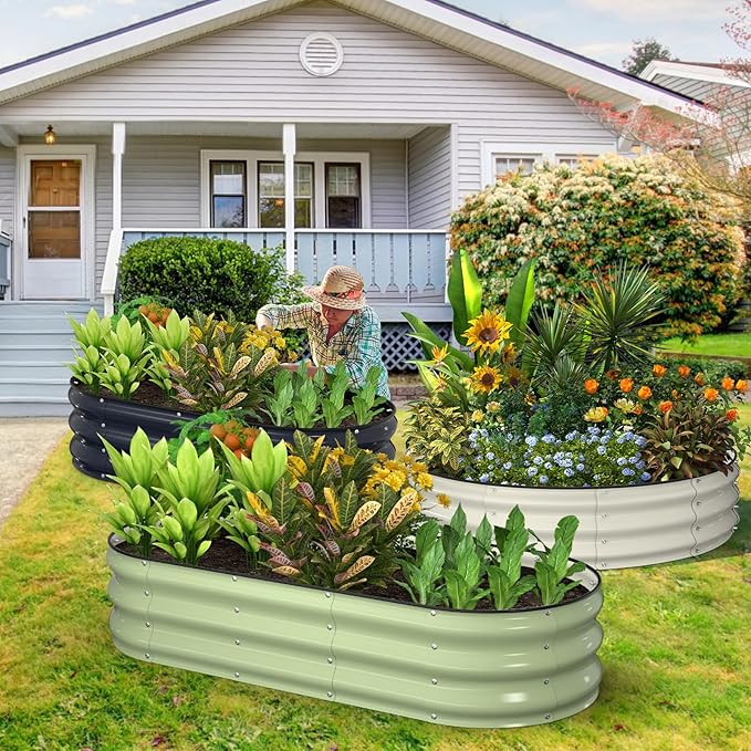 Kesfitt Raised Garden Bed Kit,Outdoor Galvanized Planter Raised Boxes with Safety Edging and Gloves,Large Metal Raised Garden Beds for Gardening Vegetables,Fruits,Flower(4x4x1FT)