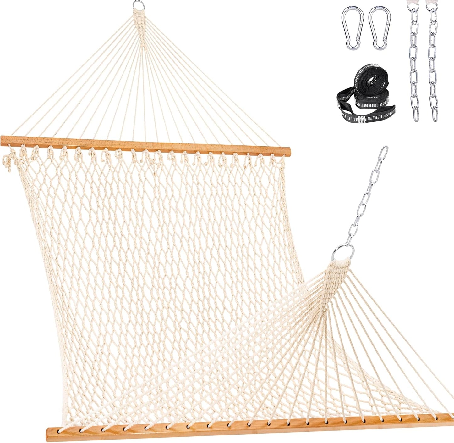 Lazy Daze Hammocks Double Rope Hammock, 2 Person Traditional Outdoor Hand Woven Cotton Rope Hammock with Spreader Bar, Chains, Tree Straps for Patio Yard - Max 450 Lbs, Natural