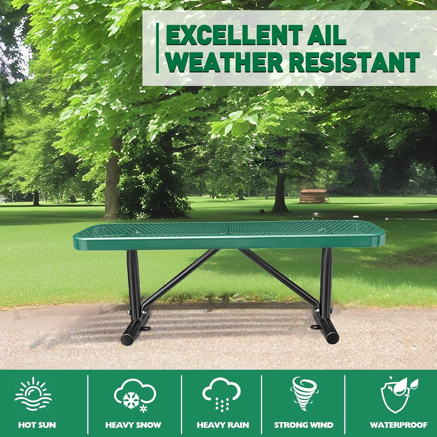 Thermoplastic Coated Iron Park Bench for Outside, Heavy Duty Metal Garden Bench, Expanded Commercial Grade Seating for Shopping Malls, Lawn Yard Porch Entryway (Green without Backrest, 48IN)