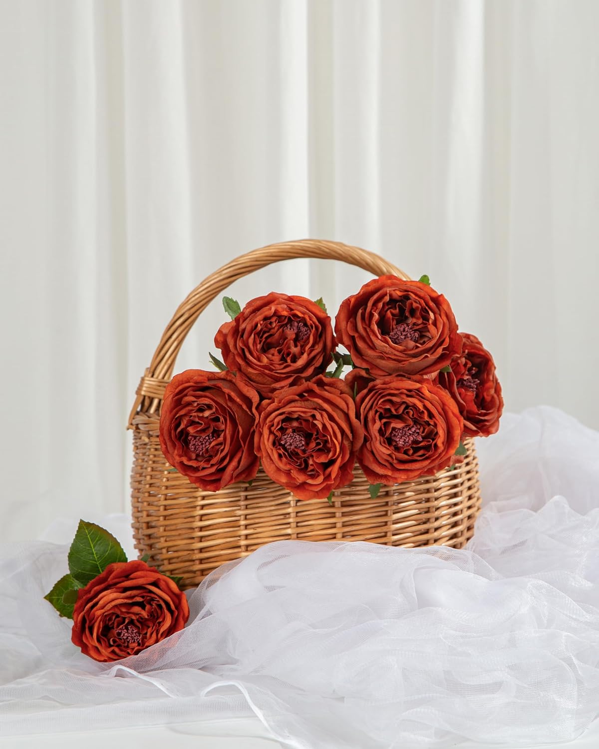 DuHouse 5Pcs Silk Roses Fake Burnt Orange Roses with Stems Real Touch Rose Artificial Flowers for Arrangement Wedding Party Home Decoration