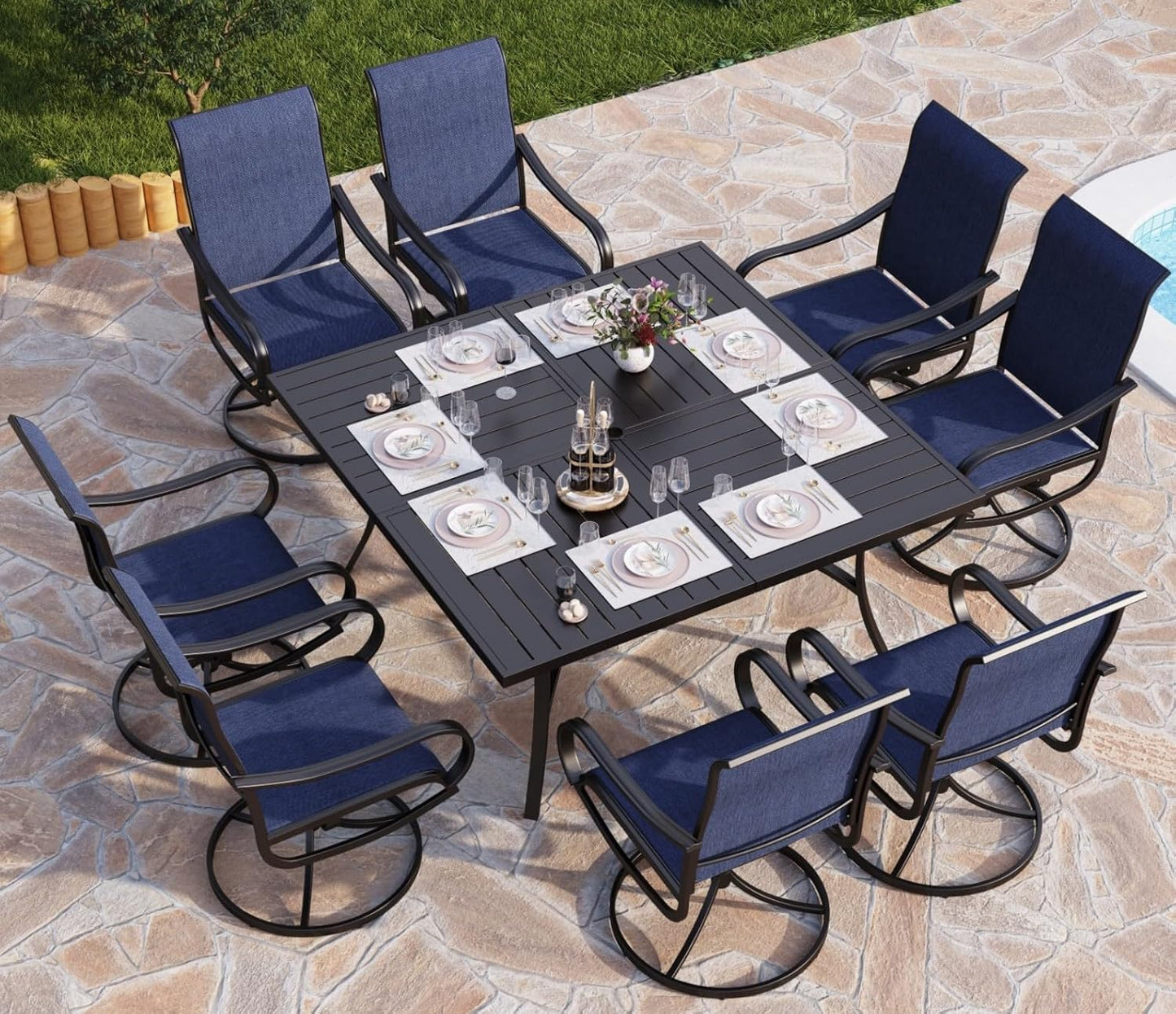 PHI VILLA 9 Piece Outdoor Patio Dining Set, Large Square Metal Dining Table and 8 Outdoor Swivel Dining Chairs, Patio Table and Blue Chair Furniture Dining Set for 8 Person